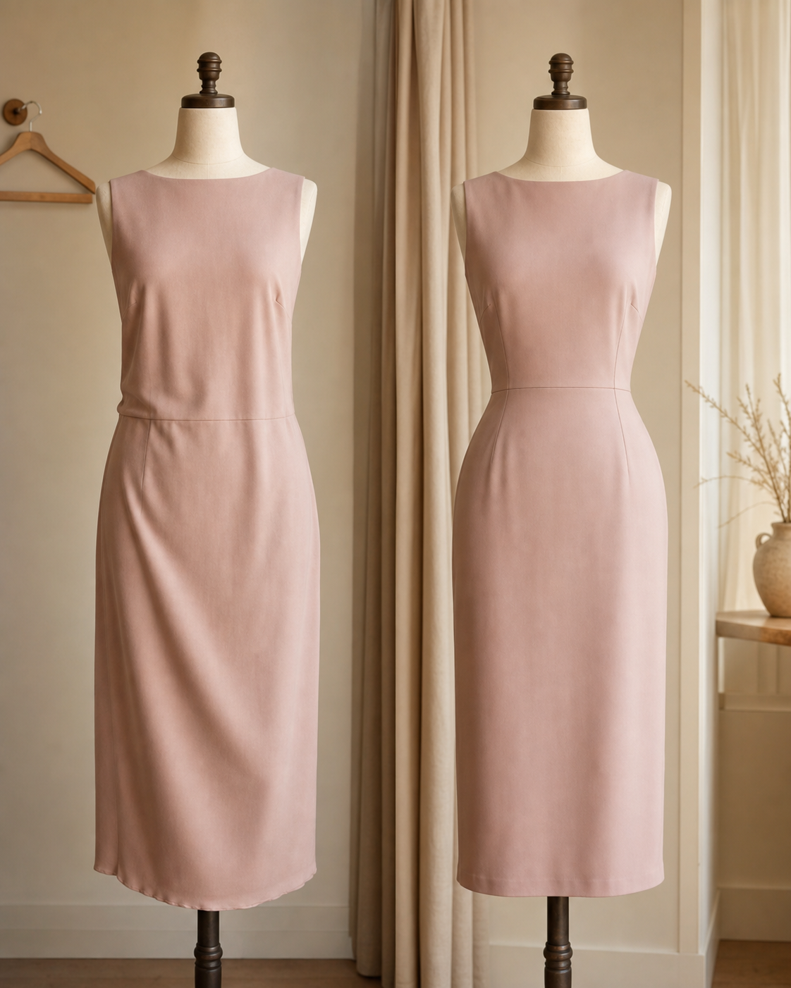 Two blush dresses showing the fit before and after tailoring